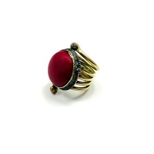 Vintage Metal Coral Red Color Stone Ring 5 5.5